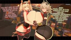 2girls 3d 3d_model 3d_render big_breasts big_cleavage blonde_female blonde_hair blonde_hair_female blush breasts breasts_bigger_than_body breasts_bigger_than_head breasts_bigger_than_torso breasts_on_another breasts_out breasts_out_of_clothes breasts_outside burnice_white caesar_king cleavage cyshen eyewear_on_head female fingertips_touching fully_clothed gigantic_breasts glowing_eyes green_hair holding hoyoverse large_ass large_breasts large_butt large_thighs movement_lines orange_eyes pressing_against pressing_breast_on_partner pressing_breasts pressing_breasts_together shades shades_above_head short_hair smile smiling smiling_at_viewer text thick thick_thighs thigh_highs thighhighs thighs twintails watermark weird_proportions white_outline zenless_zone_zero