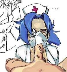 ... 1boy 1girls atrain830 blowjob blowjob_under_mask blue_hair cock cock_in_mouth mask masked_female nurse nurse_cap penis penis_in_mouth red_eyes skullgirls valentine_(skullgirls) veins veiny veiny_penis