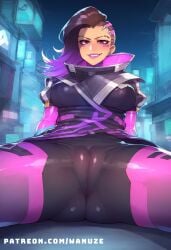 ai_generated big_ass big_breasts big_butt big_thighs blush bodysuit cameltoe dark-skinned_female dark_skin huge_ass huge_breasts huge_butt huge_thighs lying multicolored_hair overwatch purple_eyes sombra spread_legs wanuze wide_hips