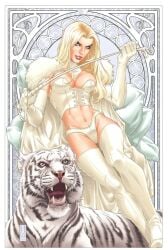 1girls 2000s 2008 blonde_hair blue_eyes emma_frost female female_focus female_only mark_brooks marvel marvel_comics open_mouth tiger whip white_queen white_tiger x-men