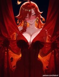 ahoge ai_generated balecxi blush cleavage curtain_grab earrings female genshin_impact jewelry large_breasts long_hair looking_at_viewer mavuika_(genshin_impact) nude red_hair smile solo