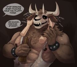 andrefil360 anthro arm_hair bara becks_(andrefil360) beer body_hair bone brown_body brown_fur chest_hair closed_eyes clothed clothing cuddling dialogue hi_res horn human male male_human mammal muscular muscular_anthro muscular_male pecs skull skull_head smaller_human tear_clothes