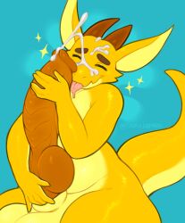 animal_genitalia anthro big_penis bodily_fluids closed_eyes cum cum_dripping_from_penis cum_on_face ejaculation genital_fluids genitals glistening glistening_body happy hi_res horn huge_cock hyper hyper_genitalia hyper_penis knot knotted_penis kobold male masturbation penis reptile scales scalie sheath sheath_play snailerpark solo thick_thighs tongue tongue_out yellow_body