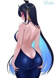1girls ass ass_grab back_view backless_dress backless_outfit black_hair blue_hair blush bottom_heavy breasts female holding_ass hololive hololive_english horn long_hair looking_at_viewer looking_back nerissa_ravencroft red_eyes sideboob solo virtual_youtuber vorkiss