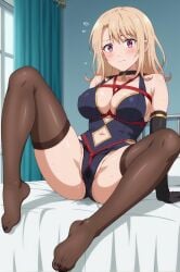 ai_generated bangs bare_shoulders blonde_hair blush bondage bondage bondage bound breasts brown_legwear cameltoe cleavage collarbone elbow_gloves eyebrows_visible_through_hair feet female flying_sweatdrops gloves large_breasts leaning_back long_hair navel purple_eyes shibari_over_clothes sitting solo spread_legs sweat thighhighs