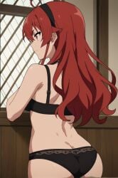 ai_generated ass back bare_shoulders black_bra black_panties bra cowboy_shot female from_behind hairband indoors long_hair panties pointy_ears profile red_eyes red_hair smile solo underwear underwear_only