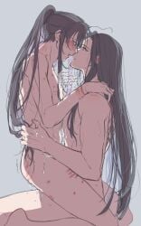 2boys after_kiss ahoge anal bishounen bite_mark black_hair blush completely_nude cum cum_on_body cum_on_male dated eye_contact from_side grabbing_another's_hair grey_background hickey highres hug kimako_(kimako_8) lan_wangji long_hair looking_at_another male_focus modao_zushi multiple_boys nude open_mouth parted_lips ponytail profile purple_eyes saliva saliva_trail scratches sex sidelocks simple_background sitting sitting_on_person straddling sweat tears tongue twitter_username upright_straddle very_long_hair watermark wei_wuxian yaoi yellow_eyes