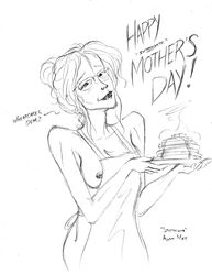 1girls breasts english english_text female female_only gilf glasses marvel mature mature_female may_parker mother's_day naked_apron nipples old_woman pancakes pookie spider-man_(series) the_spectacular_spider-man white_background wrinkles