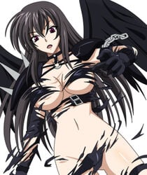 amano_yuuma black_hair breasts fallen_angel female high_school_dxd large_breasts long_hair looking_at_viewer navel open_mouth photoshop pointy_chin purple_eyes raynare solo torn_clothes