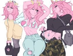abs belly_button black_sclera boku_no_hero_academia bra breasts casual clothing fashion holic_fz jeans looking_at_viewer midriff mina_ashido my_hero_academia my_hero_academia_(finale) no_shirt post-timeskip sweater thick_thighs thighs yellow_eyes yellow_horns
