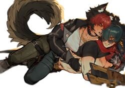 2boys absurdres animal_ears black_choker black_jacket black_shirt blush body_hair cargo_pants choker denim dog_boy ear_piercing fangs fingerless_gloves gauntlets gloves green_hair highres jacket jeans jewelry komano_manato large_pectorals licking lighter_(zenless_zone_zero) multicolored_hair multiple_boys muscular muscular_male necklace pants pectorals piercing pubic_hair scar scarf shirt short_hair sunglasses sweatdrop tail tongue tongue_out white_shirt yaoi zenless_zone_zero