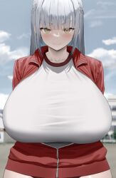 bangs blurry blush braid breasts eyebrows_visible_through_hair female huge_breasts jacket long_hair looking_at_viewer open_jacket outdoors red_jacket smile solo track_jacket yellow_eyes