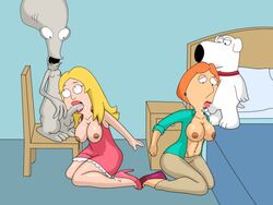 alien alpha_male alternate_breast_size american_dad animated balls bed bedroom big_penis blonde_hair bouncing_breasts breasts brian_griffin cleavage collar crossover dog earrings eyelashes family_guy fellatio female footwear francine_smith group_sex high_heels interspecies interspecies_fuck irrumatio kneeling large_breasts larger_female lipstick lois_griffin long_hair long_penis nikisupostat on_bed open_clothes open_mouth open_shirt oral orange_hair penis pink_lipstick red_lipstick roger_smith shirt shoes size_difference smaller_male smile straight zoophilia