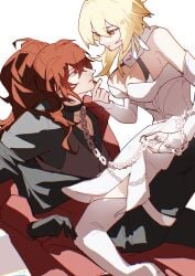 blonde_hair couple diluc_(genshin_impact) female genshin_impact hoyoverse loving_couple lumine_(genshin_impact) male red_eyes red_hair video_game video_game_character video_games
