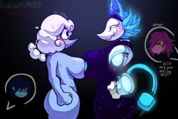 2girls big_ass big_breasts big_thighs blush breast_press deltarune deltarune_chapter_2 deltarune_chapter_3 elnina_(deltarune) flirtatious furry_female huge_ass huge_breasts huge_thighs kris_(deltarune) lidianim07 no_arms no_background nude nude_female surprised susie_(deltarune) sweating tasque_manager_(cryptiacurves) tasque_manager_(deltarune)