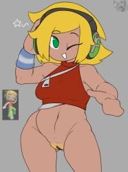 absurdres blonde_hair chibi covered_nipples dancing dj_candy ebiinari electronic_arts green_eyes headphones highres mysims no_panties no_pants one_eye_closed pale_skin partially_clothed pubic_hair pussy red_shirt red_vest shirt short_hair smile star_(symbol) vest wristband zipper