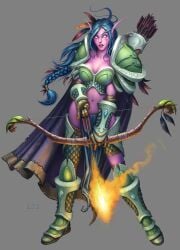 armor armor_bra armored_boots armored_gloves blizzard_entertainment blue_hair bow elf_ears female fire kaldorei night_elf night_elf_female official_art pink_skin solo warcraft world_of_warcraft