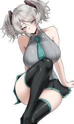 1girls big_breasts blue_eyes breasts clothed_female cosplay faust_(limbus_company) grey_hair hatsune_miku_(cosplay) light-skinned_female limbus_company project_moon silver_hair skirt solo solo_female thick_thighs thighs twintails vocaloid vvernerluniq white_background white_hair