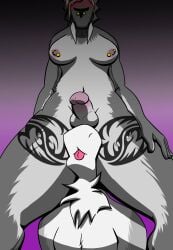 absurd_res anthro blep blush blush_lines breasts duo facesitting facial_piercing female genitals gynomorph hi_res intersex leg_tattoo male neck_tuft nipple_piercing nipples nose_piercing nose_ring penis piercing rhea_(trichternet) ring_piercing sitting_on_another sitting_on_head tattoo thick_thighs tongue tongue_out trichternet tuft wide_hips wit wit_(trichternet)