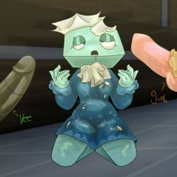 1boy 1futa 1girl cum_in_hands dandy's_world drooling goob_(dandy's_world) maid offscreen_character shucksfan tagme tight_clothing tisha_(dandy's_world) vee_(dandy's_world)