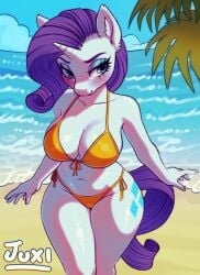 1girls anthro anthrofied artist_signature beach belly_button big_breasts bikini blue_eyes blush busty cloud cutie_mark detailed_background female_only friendship_is_magic front_view horn juxi long_hair looking_away midriff my_little_pony ocean orange_bikini orange_swimsuit outdoors pony purple_hair purple_tail rarity_(mlp) sand seaside side-tie_bikini sky smile solo solo_female standing swimsuit three-quarter_portrait tree unicorn water white_body