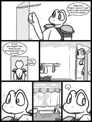 2025 4_fingers amphibian anthro anthro_focus armor barely_visible_genitalia barely_visible_penis bathing bathroom breastplate caspar_(ultilix) clothing comic dialogue ellipsis english_text fingers footwear frog genitals greyscale leo_the_magician male male_focus monochrome motion_lines nude onomatopoeia penis penis_silhouette robe shirt shoes shoulder_pads shower showering silhouette solo_focus sound_effects speech_bubble steam text toilet topwear ultilix