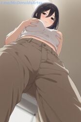 1female 1girls ai_generated attack_on_titan black_hair blush breasts brown_eyes brown_pants closed_mouth commentary_request female female_focus female_solo from_below grabbing_own_breast hair_between_eyes indoors large_breasts looking_at_viewer looking_down medium_breasts mikasa_ackerman mole pants shingeki_no_kyojin shirt short_hair short_sleeves solo stable_diffusion standing white_shirt zelanell