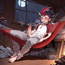 aged_up ai ai_generated anime anime_character attic grey_sweatpants hammock hot male_only masturbation masturbation_through_clothing moaning moaning_in_pleasure pajamas raglan_shirt raglan_sleeves red_shirt sweatpants white_shirt yu-gi-oh! yuma_tsukumo
