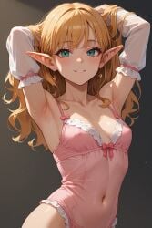 1girls ai_generated arm_sleeves armpits blue_eyes blush collarbone earrings elf elf_ears elf_female elf_girl ginger ginger_hair green_eyes hands_in_hair lingerie pink_lingerie portrait small_breasts smile solo stable_diffusion