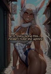 1girls ai_generated ai_sensuality alley bunny_ears bunny_girl cleavage comic comic_page dark-skinned_female female leotard medium_breasts miruko momen muscular muscular_female my_hero_academia red_eyes solo