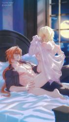 blonde_hair couple diluc_(genshin_impact) female genshin_impact hoyoverse loving_couple lumine_(genshin_impact) male red_eyes red_hair video_game video_game_character video_games