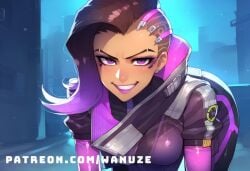 ai_generated all_fours big_ass big_breasts big_butt big_thighs blush bodysuit dark-skinned_female dark_skin huge_ass huge_breasts huge_butt huge_thighs multicolored_hair overwatch purple_eyes sombra wanuze wide_hips
