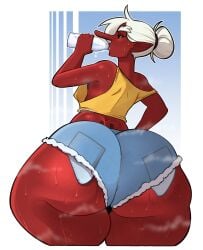 1girls asian_mythology ass black_sclera bottom_heavy breasts crop_top denim_shorts drinking east_asian_mythology female flat_chest gigantic_ass hair_bun huge_ass japanese_mythology large_ass long_nose looking_back nericurls nipple_slip pear_shaped pear_shaped_female pointy_ears purple_nipples red_skin red_skinned_female shorts small_breasts solo steaming_body sweat tengu thick_thighs water_bottle white_hair wide_hips yokai youkai