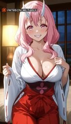 ai_generated blush breasts cleavage collarbone cowboy_shot female grin hair_between_eyes hakama hakama_skirt horns indoors japanese_clothes kimono lamp large_breasts long_hair long_sleeves looking_at_viewer meitabuu miko mole mole_on_breast oni patreon_logo patreon_username pink_eyes pink_hair red_hakama ribbon-trimmed_sleeves ribbon_trim sash shuna_(tensei_shitara_slime_datta_ken) skirt smile solo teeth tensei_shitara_slime_datta_ken that_time_i_got_reincarnated_as_a_slime white_horns white_kimono wide_sleeves window