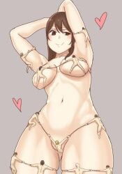 armpits ass_visible_through_thighs breasts brown_eyes brown_hair cowboy_shot deep_skin female grey_background heart large_breasts long_hair looking_at_viewer medium_breasts navel panties skindentation smile solo striped thighhighs underwear vertical_stripes