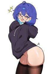 1girls blue_eyes blue_hair bottomless glasses laughing looking_at_viewer meru_(twt_zet) no_panties no_underwear open_mouth original original_character sweater thick_thighs thighhighs thighs zet_(twt_zet)