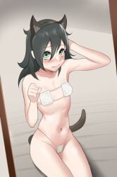 1girls bikini black_hair blue_eyes blush cat_ears cat_tail eqeart eyepatch_bikini female female_focus female_only hi_res kuroki_tomoko long_hair micro_bikini small_breasts solo teenage_girl teenager thighs thong watashi_ga_motenai_no_wa_dou_kangaetemo_omaera_ga_warui! young