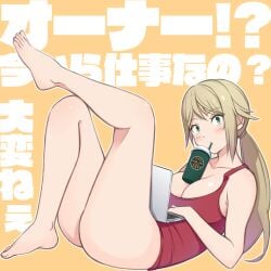 1girls alluring amy_(doa) bare_legs barefoot big_breasts blonde_hair breasts collarbone commentary computer cup dead_or_alive dead_or_alive_xtreme_venus_vacation disposable_cup drinking_straw female from_side green_eyes konishiki_(52siki) laptop leg_lift looking_at_viewer lying mouth_hold on_back orange_background red_tank_top simple_background tank_top tecmo translation_request