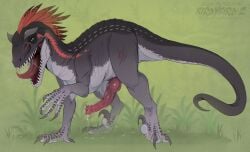 bodily_fluids claws dinosaur dripping dromaeosaurid erection feral fur genital_fluids genitals glistening glistening_eyes grass green_eyes grey_body grey_claws grey_fur hi_res knot looking_at_viewer male narrowed_eyes open_mouth penis plant precum precum_drip precum_on_ground precum_string prehistoric_species red_penis red_tongue reptile saliva saliva_string santanahoffman scalie sharp_teeth side_view solo teeth theropod tongue tongue_out unusual_anatomy unusual_genitalia unusual_penis white_body