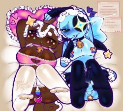 2boys astro_(dandy's_world) bandaid_on_pussy bandaids_on_nipples bedboundboy bell_collar blush buttplug colored cosmo_(dandy's_world) cuntboy dandy's_world gloves partially_clothed self_upload shaded socks