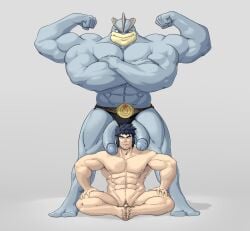 2boys abs bara biceps bruno_(pokemon) commentary crossed_arms double_biceps_pose english_commentary extra_arms extra_penises flexing highres large_pectorals large_penis machamp male matainfancias multiple_boys muscular muscular_male nipples pectorals penis penis_on_shoulder penis_out pokemon pokemon_(creature) pokemon_frlg simple_background size_difference