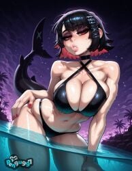 ai_generated bangs bikini black_bikini black_hair breasts cleavage ellen_joe female fish_tail hair_ornament halterneck large_breasts looking_at_viewer makeup multicolored_hair navel night outdoors palm_tree partially_submerged pengu997 red_eyes red_hair red_nails short_hair sky solo swimsuit tail tree two_tone_hair wading water wet zenless_zone_zero
