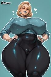 ai_generated areolae_visible_through_clothing athletic_female bare_thighs bimbo blonde_hair blue_eyes emma_frost emma_frost_(marvel_rivals) gigantic_breasts huge_breasts huge_thighs light-skinned_female light_skin looking_down low-angle_view marvel marvel_comics marvel_rivals massive_breasts mature_female milf nipples_visible_through_clothing puffy_pussy pussy_visible_through_clothes short_hair smiling solo_female squatting sweat sweatdrop sweater thick_body thick_female thick_thighs thighs thighs_bigger_than_head voluptuous voluptuous_female x-men yashugai yoga_pants
