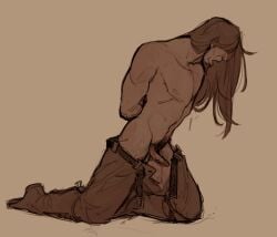 1boy bite_mark blood_drip body_hair combat_boots ginger ginger_hair goatee hands_behind_back long_hair looking_away male pants_down postal_(series) postal_dude red_hair solo_male