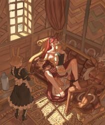 ac120 adult_and_teenager adult_on_young age_difference black_panties blonde_hair closed_eyes dark_skin ghislaine_dedoldia hilda_boreas_greyrat holding_breast kemonomimi kissing large_breasts long_hair maid masturbation milf mushoku_tensei older_female partially_clothed red_hair rudeus_greyrat teenage_boy teenager touching_pussy watching watching_sex white_hair young younger_male
