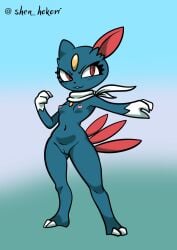 2025 blue_body breasts female generation_2_pokemon gradient_background hi_res nintendo nipples nude pokemon pokemon_(species) scarf shen_hokori simple_background small_breasts smile sneasel solo standing tail vulva