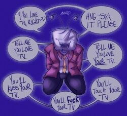 begging bulge bulge_through_clothing deltarune deltarune_chapter_3 drooling hands_behind_back looking_up on_knees open_mouth sharp_teeth speech_bubble spread_legs tenna_(deltarune) tv_head