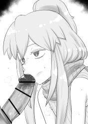 1boy absurdres bar_censor bare_shoulders censored deux_murasame erection fellatio female flat_chest freckles greyscale gundam gundam_gquuuuuux highres kaiman_garupan long_hair monochrome oral penis scarf solo_focus straight sweat