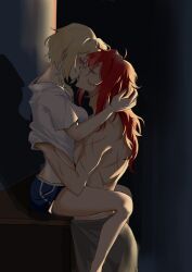 blonde_hair couple diluc_(genshin_impact) female genshin_impact hoyoverse loving_couple lumine_(genshin_impact) male red_eyes red_hair video_game video_game_character video_games