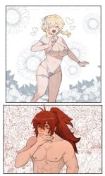 blonde_hair couple diluc_(genshin_impact) female genshin_impact hoyoverse loving_couple lumine_(genshin_impact) male red_eyes red_hair video_game video_game_character video_games